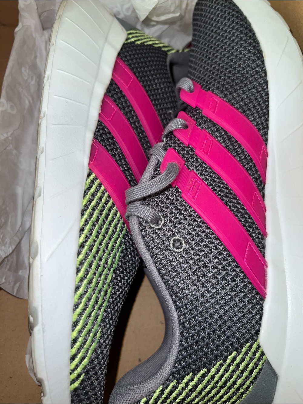 adidas Women's Gray Knit Sneakers with Pink Stripes and Neon Green Accents